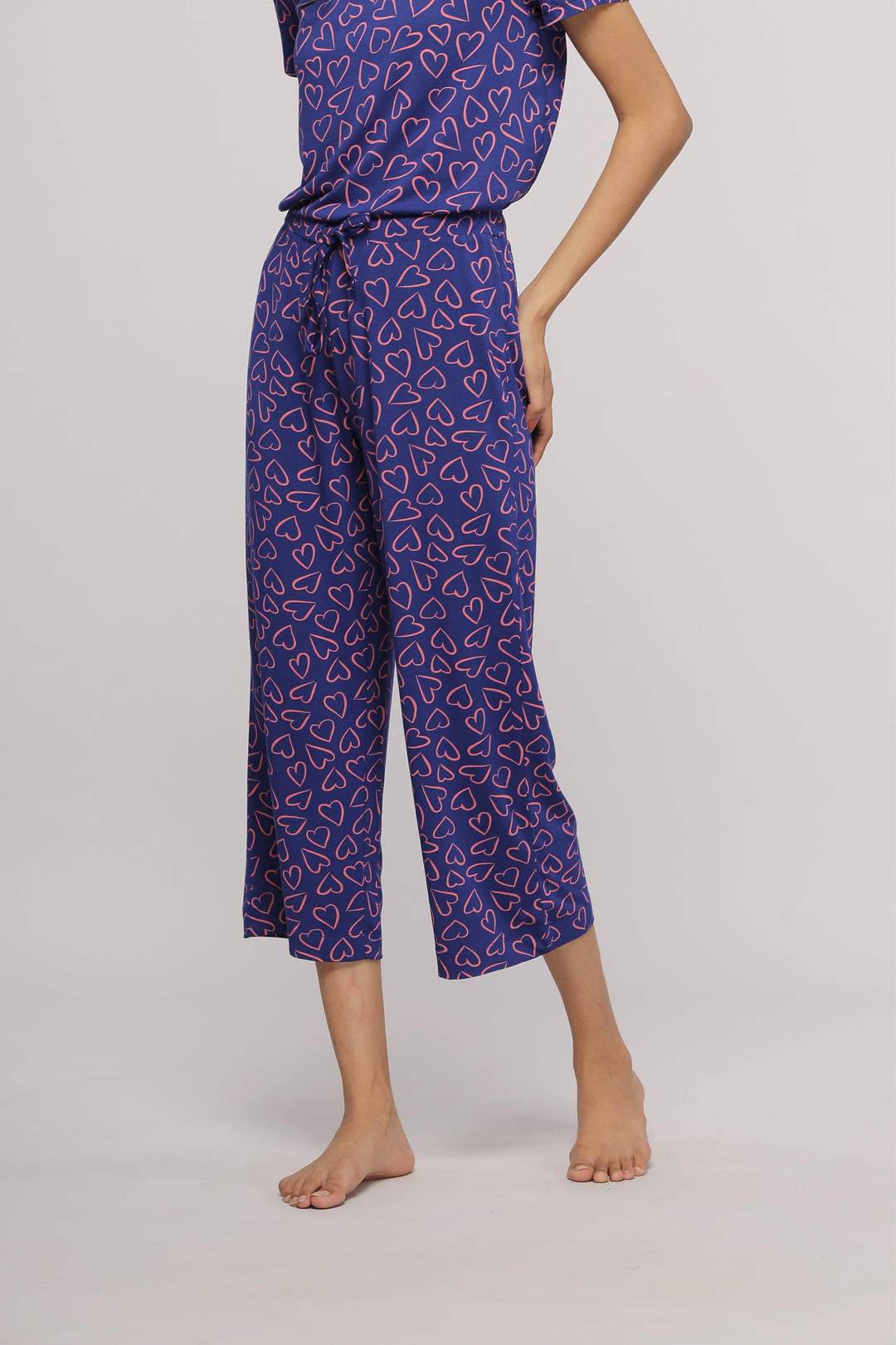 Sweetheart Capri Set featuring hearts pattern and relaxed fit.