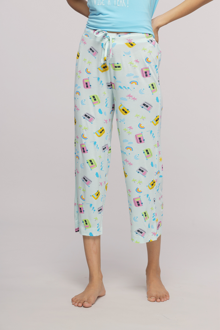 Colorful Capri pajama set featuring playful summer-themed prints.