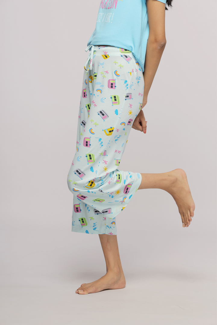 Lightweight Capri pajama set with fun summer patterns for relaxation.