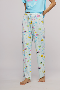 Light blue pajama pants with colorful travel-themed patterns for comfort.
