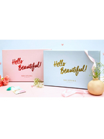 "Blue gift box with 'Hello Beautiful' text and decorative elements."