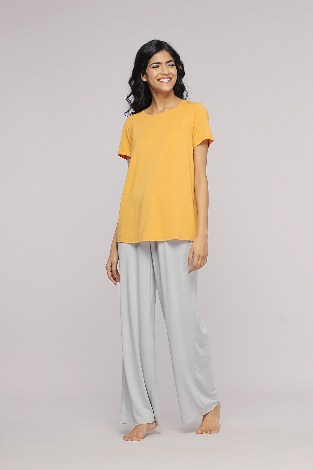 Zen Grey Flared Pajama Set with stylish yellow top and comfortable pants.