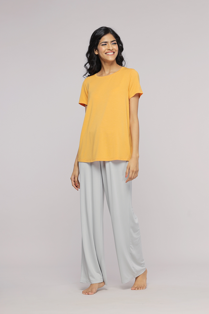 Zen Grey Flared Pajama Set with stylish yellow top and comfortable pants.