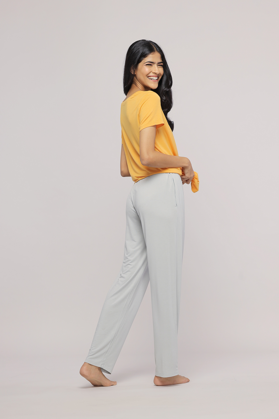 Zen Grey Straight Pajama Set worn by smiling model in casual pose.